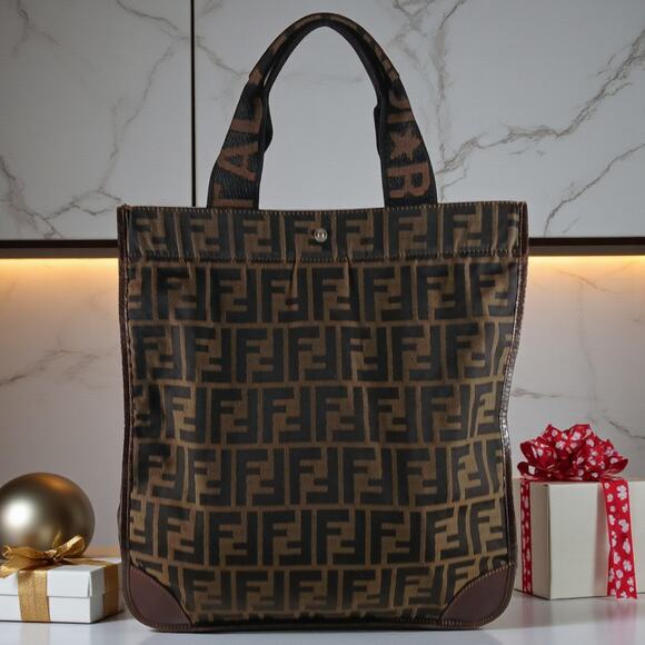 Fendi Vintage Leather Trimmed Zucca Brown Medium Foldable Tote - Picture 3 of 12